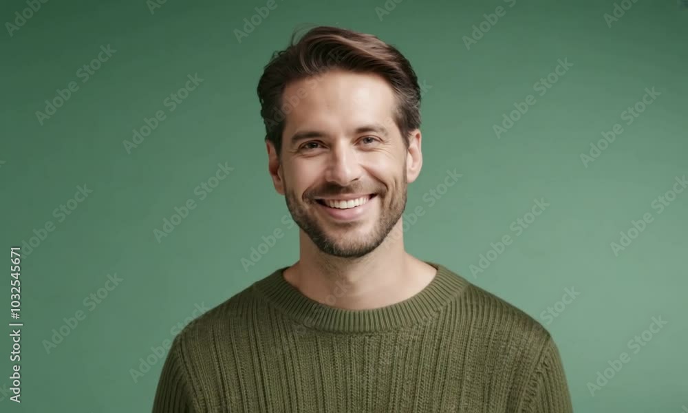 Caucasian man smiling on a green background. Caucasian man smiling on a green background.