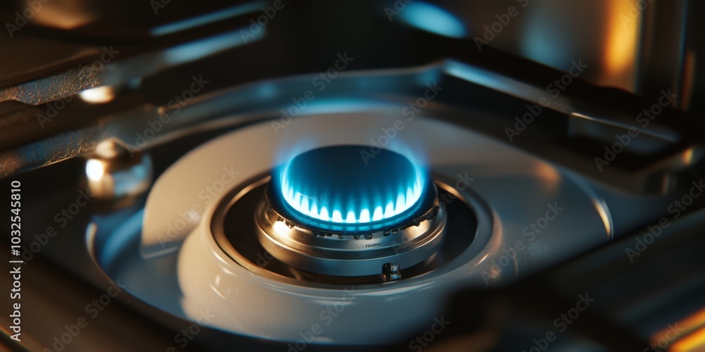 blue gas burning from kitchen gas stove. Gray metal surface with black grill. blue gas burning from kitchen gas stove. Gray metal surface with black grill.