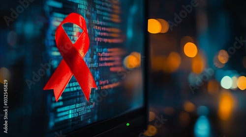 A red ribbon, a symbol of awareness, is displayed on a computer screen with code in the background.