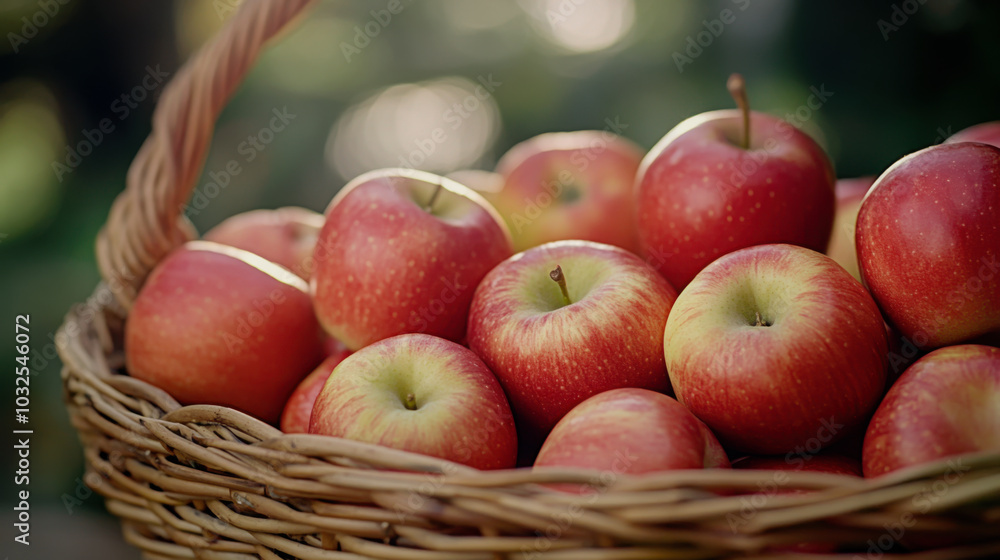 Freshly harvested red apples in a wicker basket set against a blurred green background during daylight Freshly harvested red apples in a wicker basket set against a blurred green background during daylight