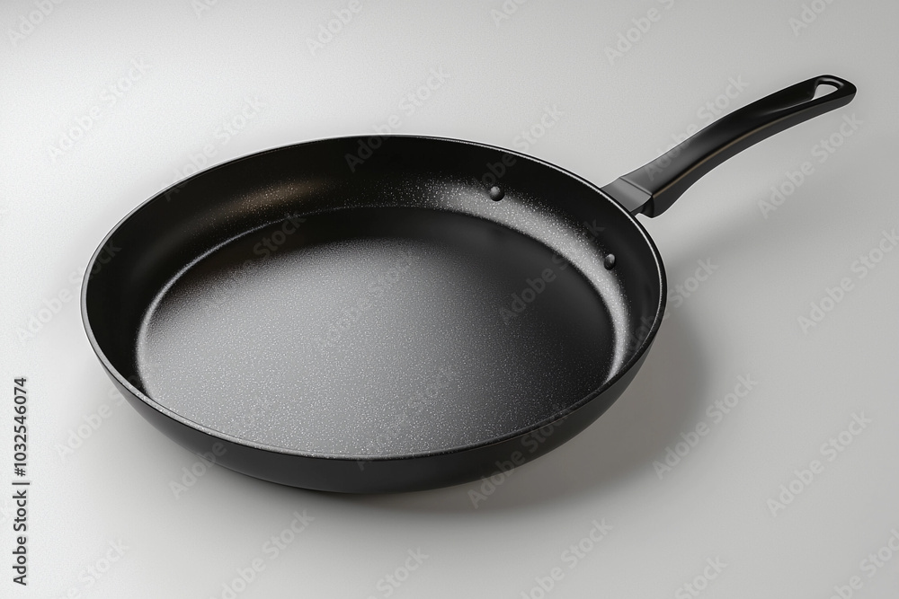 A sleek non-stick frying pan showcased on a light surface A sleek non-stick frying pan showcased on a light surface