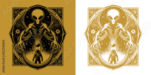card of alien and astronaut vintage retro design