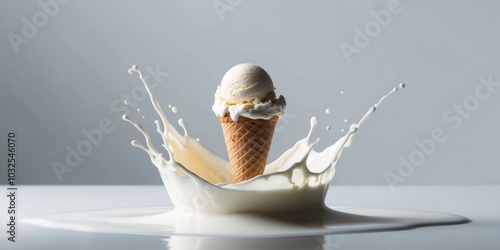 Vanilla Ice Cream Cone Splashing in Milk.