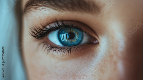 blue eyes of a girl with long painted eyelashes