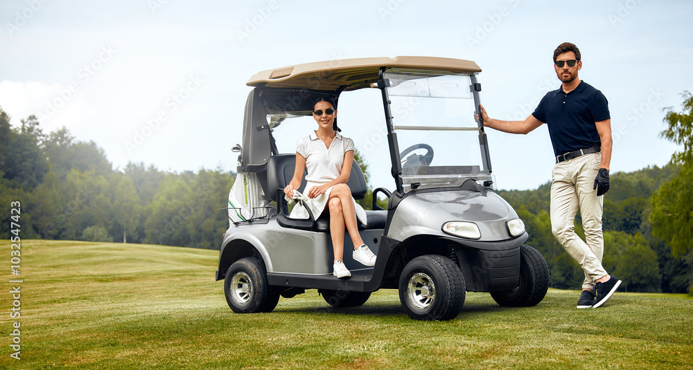 A lovely couple basking in the joys of a delightful day dedicated to golfing on the course A lovely couple basking in the joys of a delightful day dedicated to golfing on the course