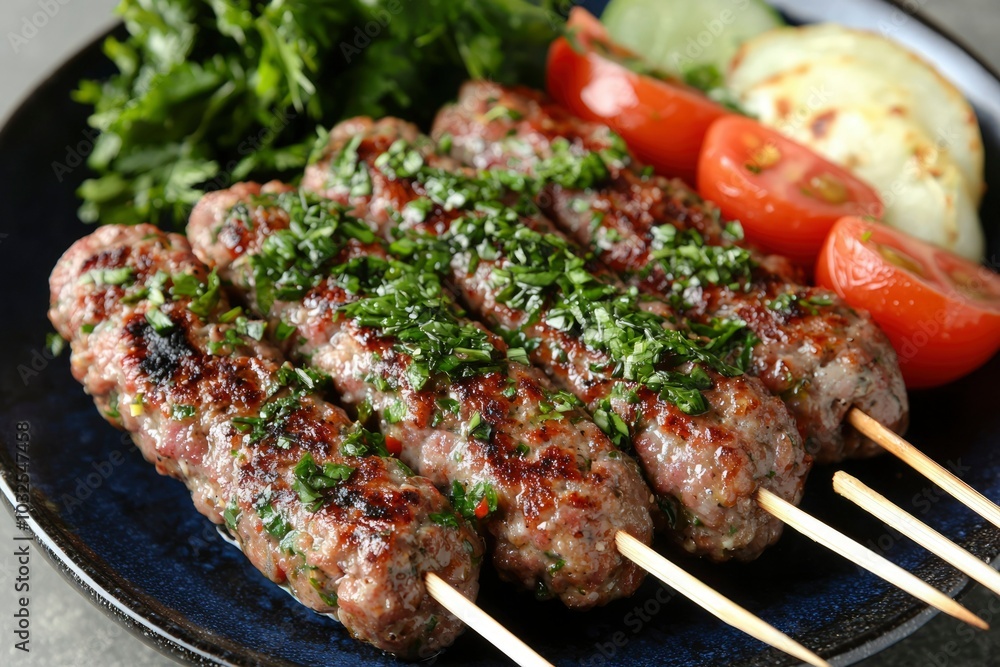 Grilled Meat Skewers with Parsley and Tomato Garnish Grilled Meat Skewers with Parsley and Tomato Garnish