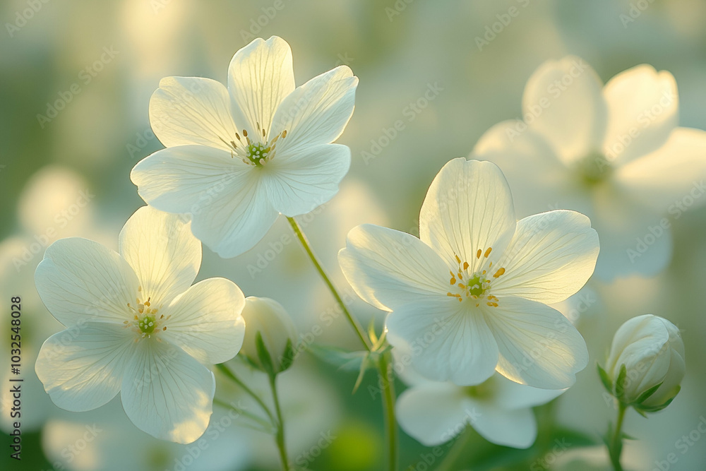 Delicate white flowers bloom softly, creating a serene background with gentle hues, embodying tranquility and natural beauty. Delicate white flowers bloom softly, creating a serene background with gentle hues, embodying tranquility and natural beauty.