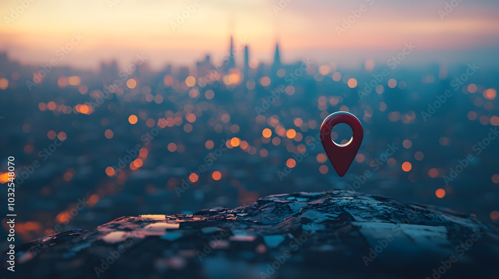 Fototapeta premium A vibrant city skyline at dusk, featuring a prominent red location pin atop an abstract surface, symbolizing navigation and exploration.