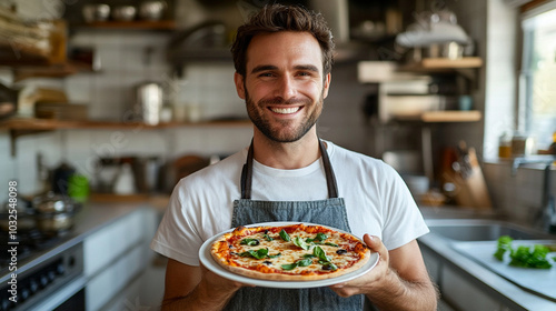  happy american man holding pizza on plate in his bright kitchen