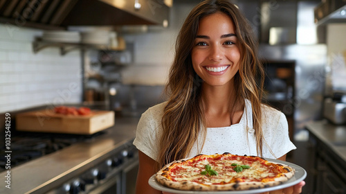  happy american woman holding pizza on plate in professional kitchen