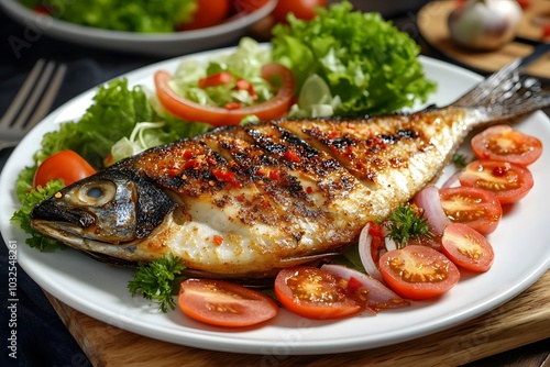 Grilled fish served with fresh salad, vibrant tomatoes, and greens on a white plate, showcasing a delicious, healthy meal.