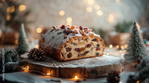 Deliciously baked fruit loaf adorned with powdered sugar and festive decorati...