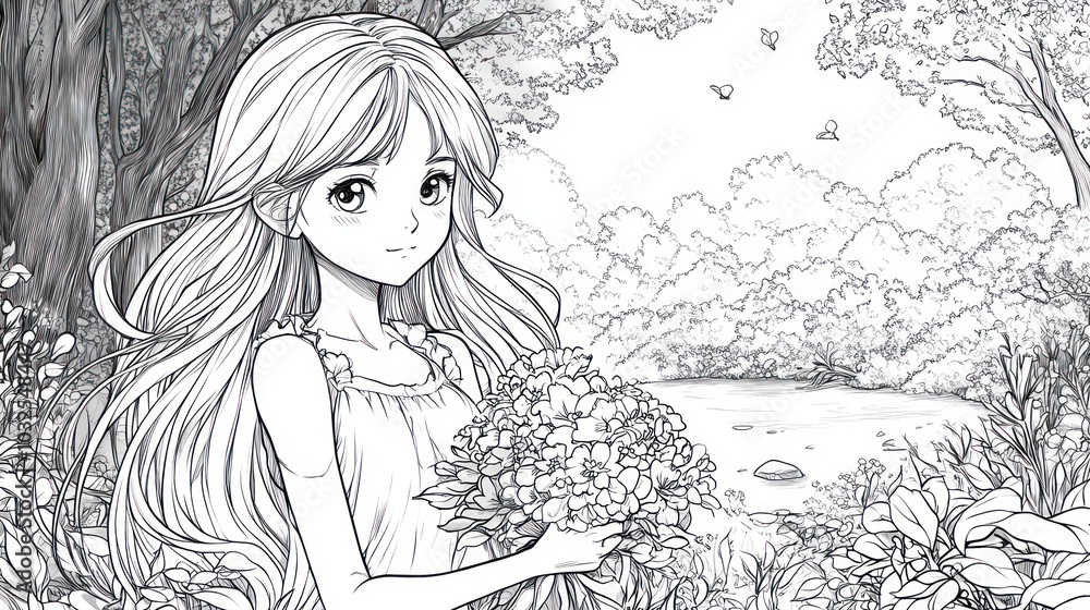 A girl holding a bouquet stands by a serene lake surrounded by trees and flowers. A girl holding a bouquet stands by a serene lake surrounded by trees and flowers.