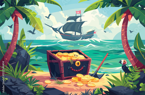 Pirate Island with Treasure Chests and Ships Painting, treasure cheast, tropical, palms. Sea landscape coast, beach, sand, adventure, game. Vector illustration
