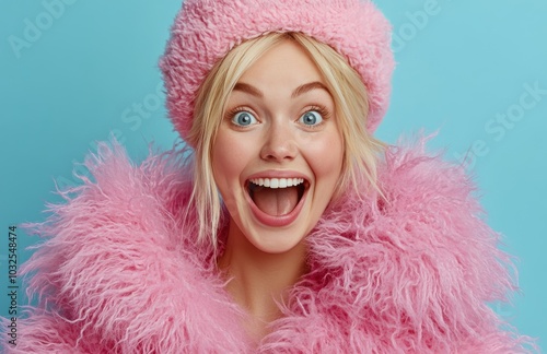 A joyful woman in a bright pink furry outfit and hat smiles widely against a ...
