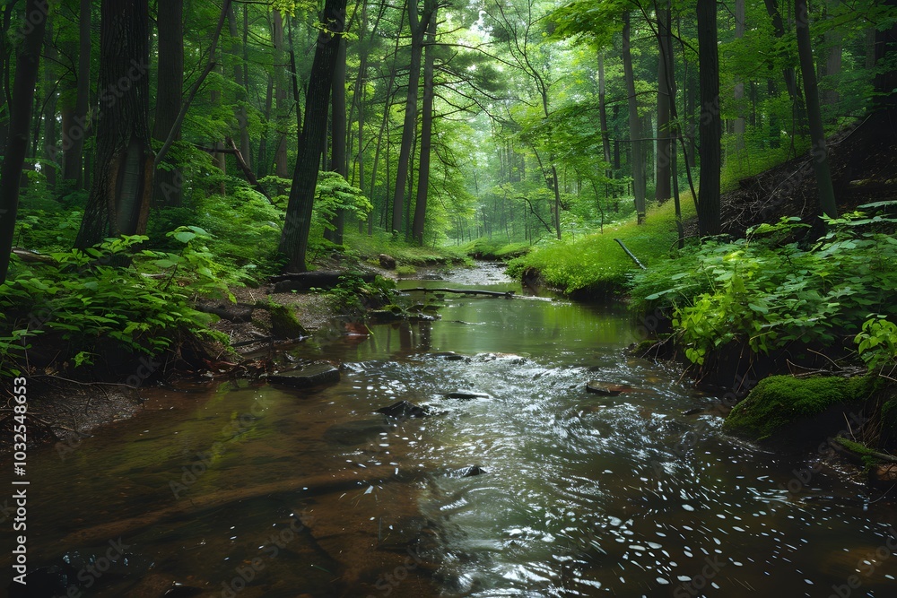 Tranquil Forest Stream Surrounded by Lush Greenery Tranquil Forest Stream Surrounded by Lush Greenery