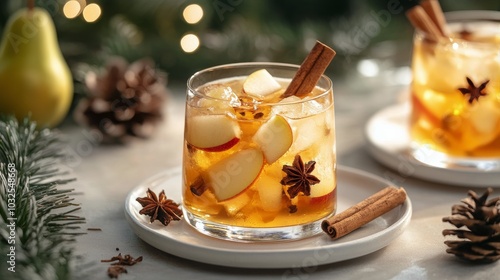 Refreshing apple cocktail served in a vintage glass with cinnamon at a cozy g...