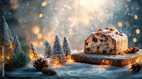 Deliciously baked fruit loaf adorned with powdered sugar and festive decorati...