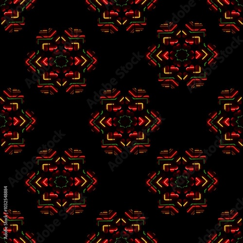 Pattern with movong circular flowers, psychedelic digital art on a black background  photo