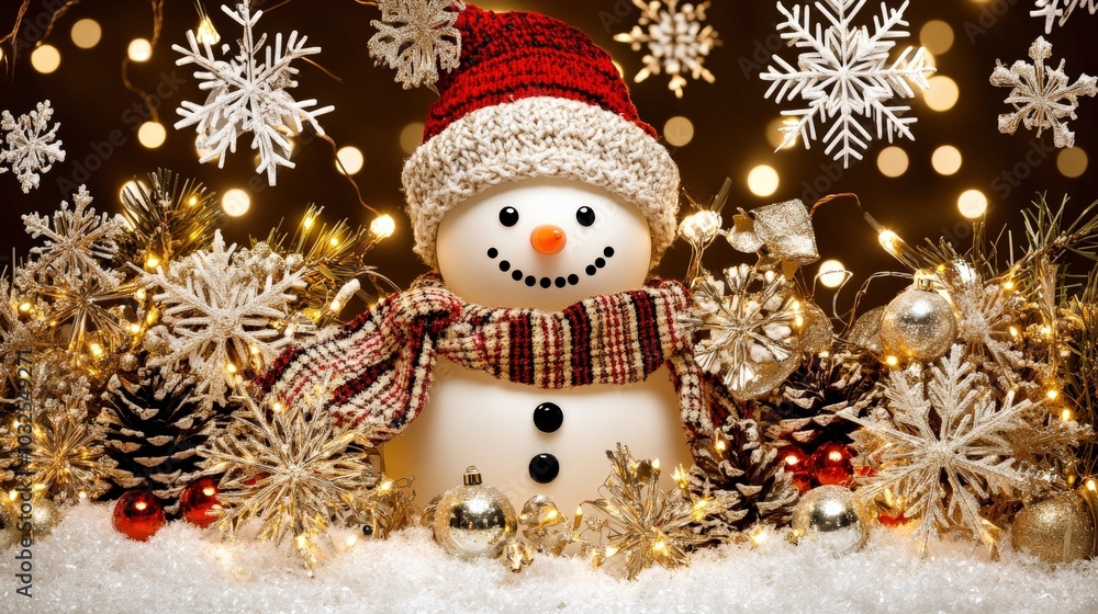 A snowman with a red hat and scarf is standing in front of a Christmas tree A snowman with a red hat and scarf is standing in front of a Christmas tree