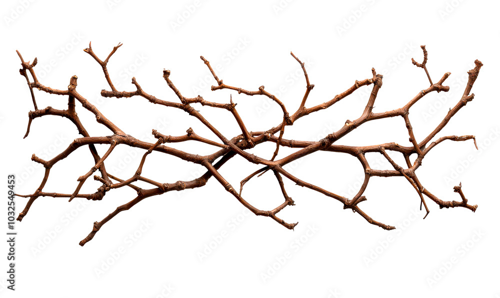 Abstract tangle of interwoven brown branches isolate on transparent background, png, cutout