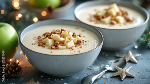 Delicious bowl of creamy oatmeal topped with apples and crunchy granola durin...