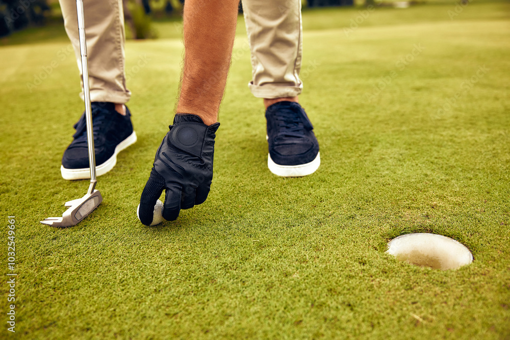 A CloseUp View of a Golfer Engaged in Preparing to Putt on a WellMaintained Green A CloseUp View of a Golfer Engaged in Preparing to Putt on a WellMaintained Green