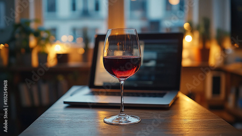 
glass of wine on the table, laptop in the background, office