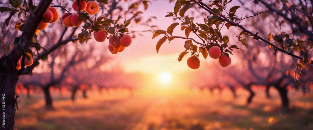 Fototapeta premium Beautiful sunset illuminating rows of peach trees laden with ripe fruit. The vibrant colors and serene landscape evoke a sense of tranquility and abundance in nature's orchard.