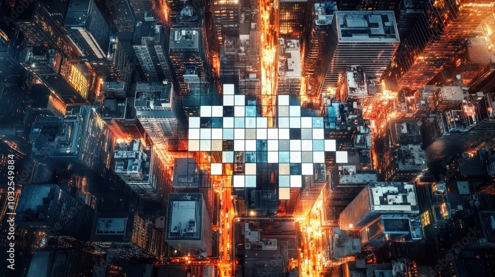 Aerial view of a city at night with pixelated overlay, suggesting digital innovation. Aerial view of a city at night with pixelated overlay, suggesting digital innovation.
