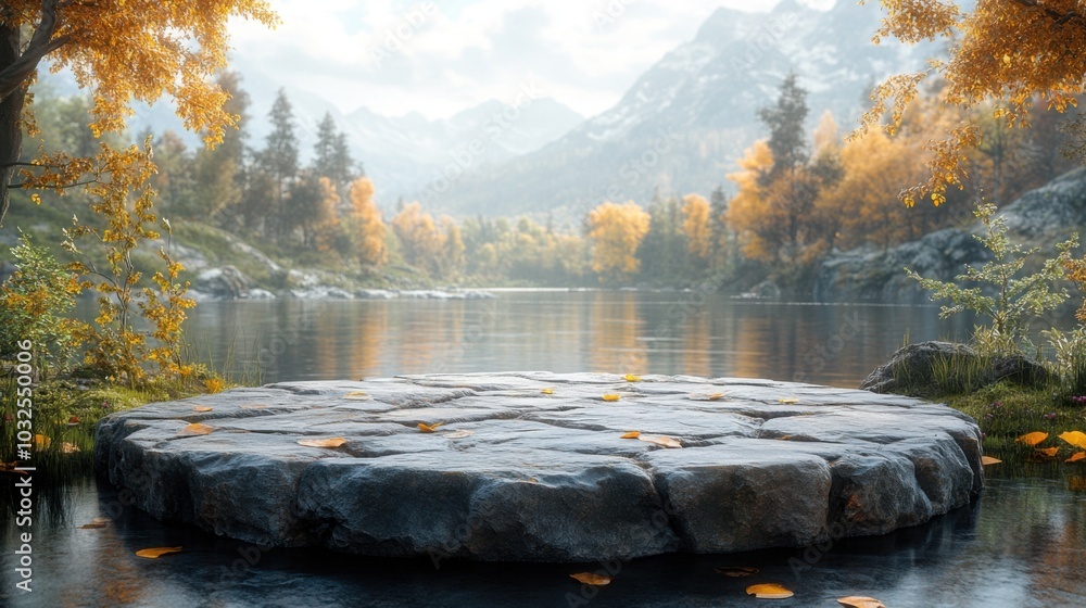 Stone Table Top with Copy Space and River Background for Nature-Themed Projects Stone Table Top with Copy Space and River Background for Nature-Themed Projects
