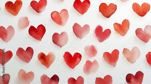 Colorful watercolor hearts scattered on a white background for Valentines Day...