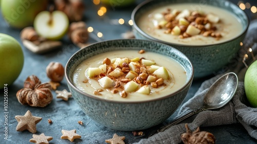 Delicious bowl of creamy oatmeal topped with apples and crunchy granola durin...