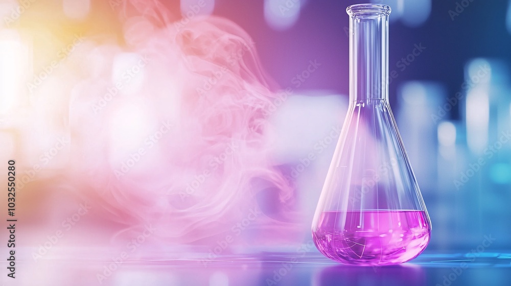 Futuristic Lab Experiment with Swirling Neon Liquid in Glass Flask - Captivating Misty Reaction in a High-Tech Scientific Setting Futuristic Lab Experiment with Swirling Neon Liquid in Glass Flask - Captivating Misty Reaction in a High-Tech Scientific Setting