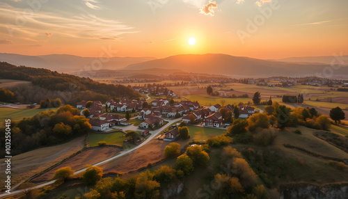 Aerial view over small rural village of Breb in magic sunrise isolated with white highlights, png photo