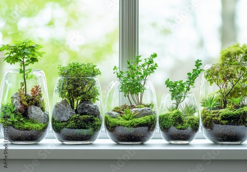 Indoor terrarium garden filled with various plants and decorative stones on a...