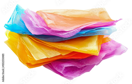 Crafting with stacked colorful tissue paper isolated on transparent background