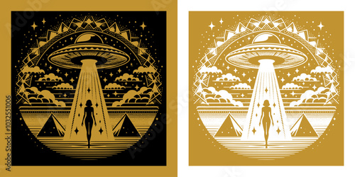 alien spaceship over desert vintage design