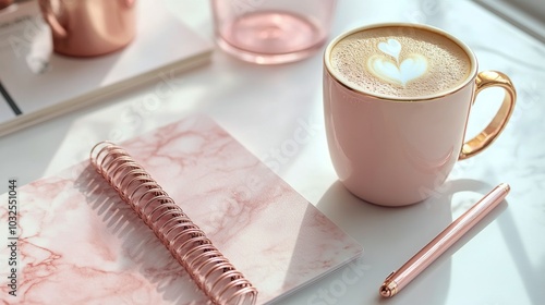 A cozy workspace with a cup of latte, stylish sunglasses, and a notepad on a ...
