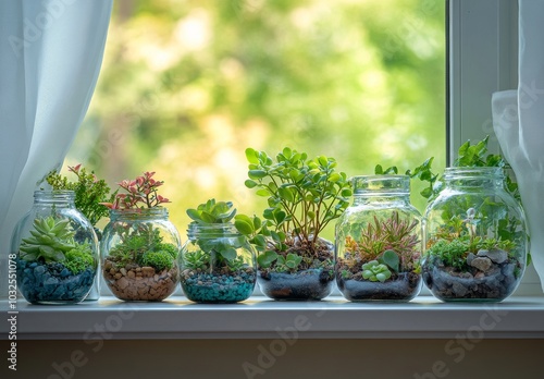 Indoor terrarium garden filled with various plants and decorative stones on a...