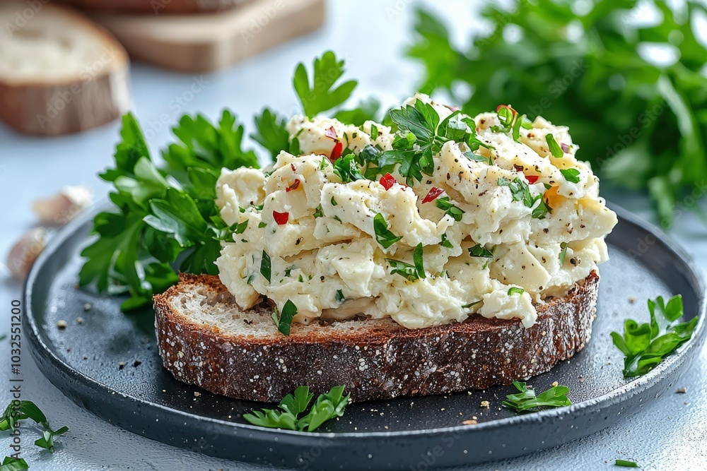 A Slice of Bread Topped with Whipped Cream Cheese, Parsley, and Red Pepper Flakes A Slice of Bread Topped with Whipped Cream Cheese, Parsley, and Red Pepper Flakes