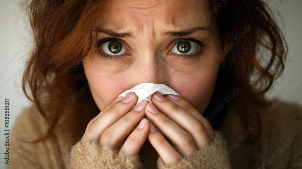 Woman suffering from Flu , Sneezing and wiping his nose with tissue Woman suffering from Flu , Sneezing and wiping his nose with tissue