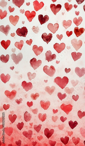 Colorful watercolor hearts background in varying shades of red and pink for V...