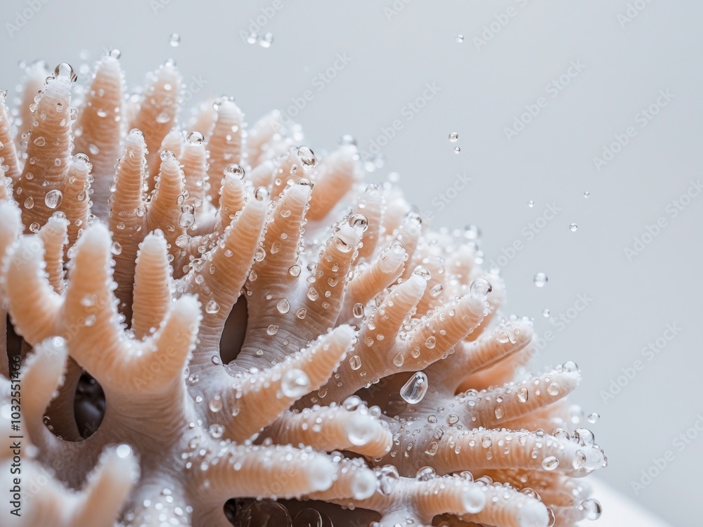 A tight shot of coral adorned with numerous water droplets atop and below. A tight shot of coral adorned with numerous water droplets atop and below.