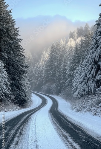 Snow covered road surrounded by tall evergreen trees in a winter landscape
