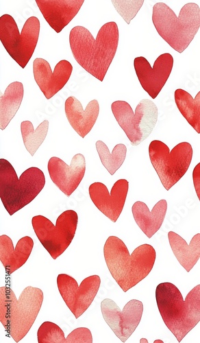Colorful watercolor hearts background in varying shades of red and pink for V...