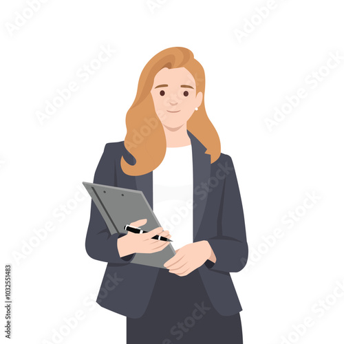 Young beautiful business woman with clipboard. Flat vector illustration isolated on white background