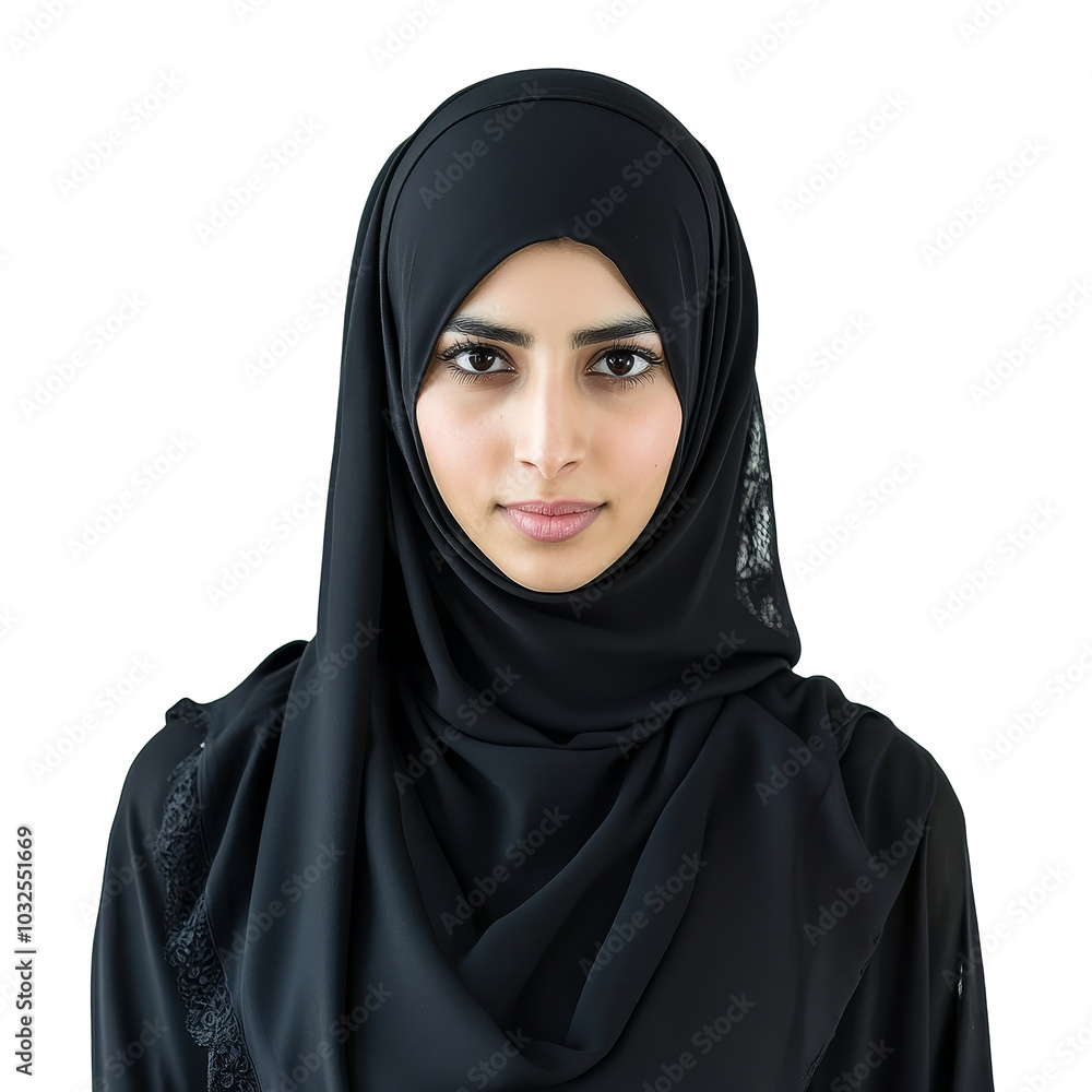 Naklejka premium Portrait of a young veiled Muslim woman in traditional black attire against a plain background, Portrait of a veiled islamic woman wearing black hijab isolated on transparent background