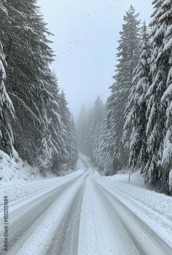 Snow covered road surrounded by tall evergreen trees in a winter landscape
