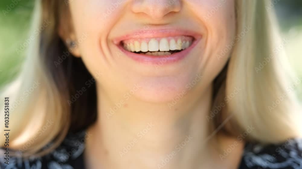 Portrait of a laughing woman, close-up of her mouth Portrait of a laughing woman, close-up of her mouth
